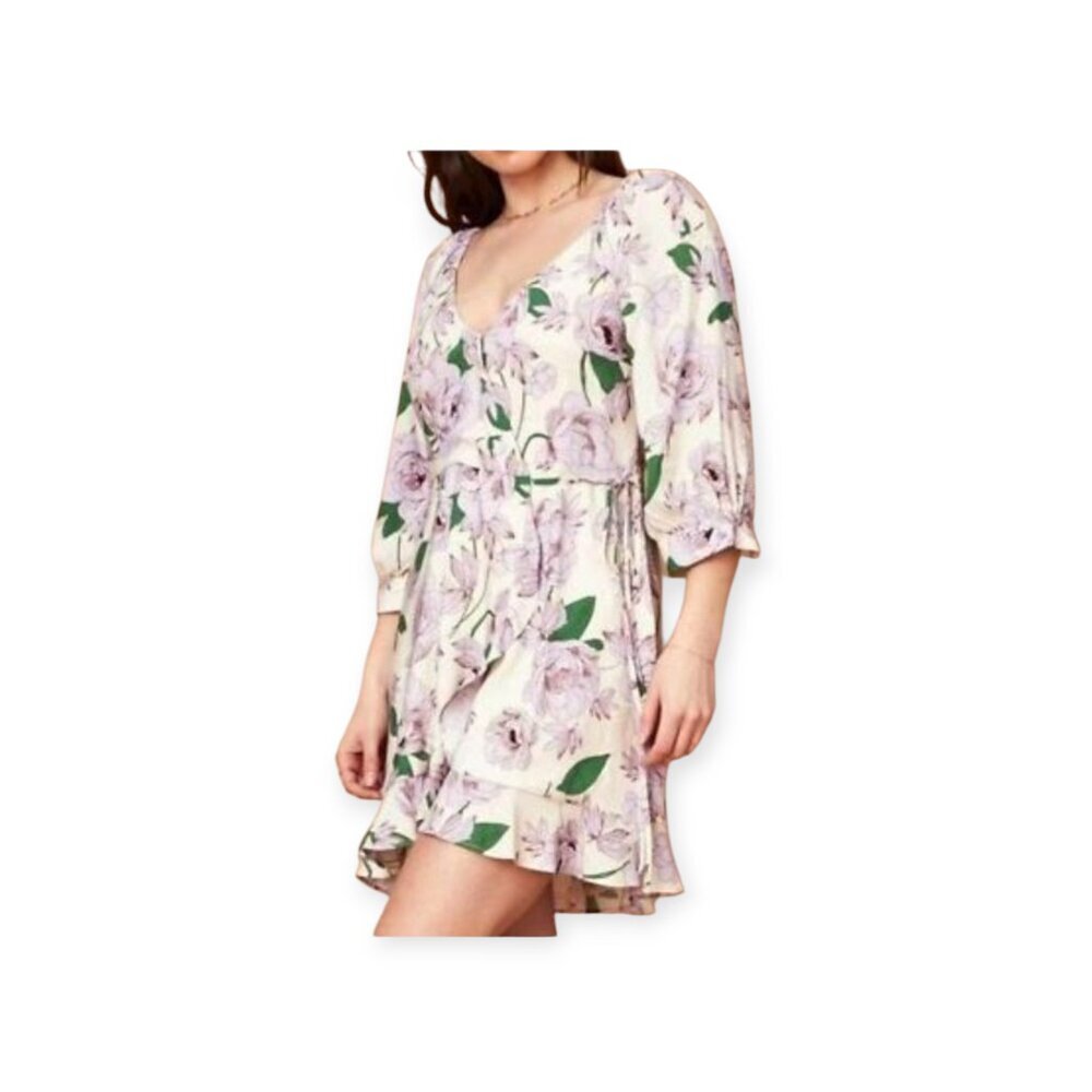Lost + Wander Lilac Green Floral Faux Wrap Mini Dress Size S Boho Ruffle Hem